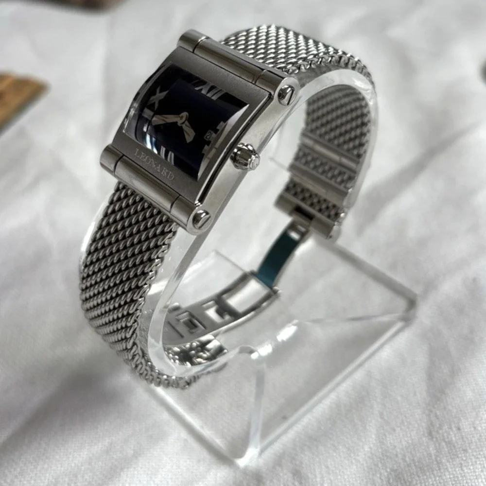 Leonard Swiss Screen Series Women Luxury Watch Rectangular Navy Blue Mesh Steel